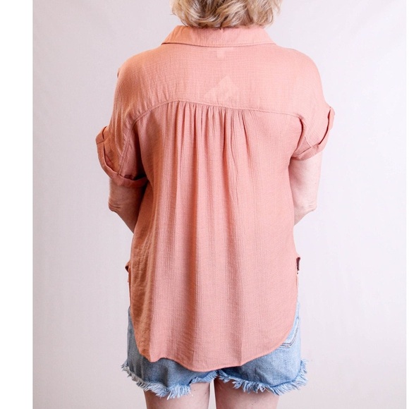 Women's Peach Color Airy Button Down Polo Cuff Sleeve Top - Picture 2 of 7